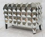 Lot 223:  Decorator Faceted Mirror Four Drawer Cabinet Chest. Prismatic mirrored facade with four hidden drawers. : Dimensions:  H: 31 inches: W: 39 inches: D: 18 inches --- 