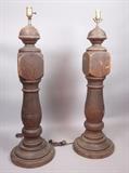 Lot 228:  Pr Weathered Wood Newel Post Table Lamps. Baluster form. : Dimensions:  H: 37 inches: W: 11 inches: D: 11 inches --- 