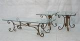 Lot 233:  3pc Iron Base Table Set. Long Coffee Cocktail Table. Two End Tables. Gold painted iron bases. : Dimensions:  H: 19.5 inches: W: 20 inches: D: 30 inches --- 