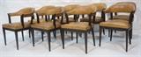 Lot 255:  Set 8 DUNBAR attribution Dining Arm Chairs. Tan Leather on dark wood frames. Curved backs. : Dimensions:  H: 31 inches: W: 21 inches: D: 19 inches --- 