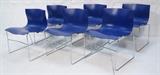 Lot 256:  Set 6 KNOLL by VIGNELLI Blue Molded Dining Chairs. Molded Blue Plastic on Chrome Legs. Stacking. Marked.: Dimensions:  H: 29 inches: W: 21 inches: D: 18 inches --- 