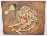 Lot 289:  After Rufino Tamayo Oil Painting. Cubist Abstract with red & yellow balls. Textured paint on canvas.: Dimensions:  Image Size: H: 31.5 inches: W: 39.25 inches --- 
