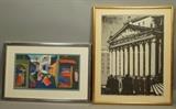 Lot 295:  Lot 2 Modernist Artworks. 1) M Rada Oil on Paper Townscape. 2) Signed S R Painting of Architectural building with crowd of people. : Dimensions:  Image Size: H: 17 inches: W: 13 inches --- 