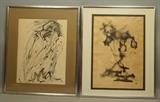Lot 296:  Lot 2 Original Modernist Art Works. 1) Pen & Ink Drawing of Bird; not signed. 2) Signed Ink & water spot abstract images. Appears to be on vellum paper. : Dimensions:  Image Size: H: 16 inches: W: 11 inches --- 