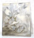 Lot 322:  TREW HOCKER Abstract Oil Painting. Birds in Flight. Gray & cream palette. Signed & dated 62.  He studied under Thomas Hart Benton. Hocker painted murals for the New York World's Fair and the San Francisco Exposition. He was a District Supervisor of WPA Art Program and later developed graphic training aids for the AAF in World War II. In the 1950s, Hocker designed sets for television and stage, including the 1950s series: Dimensions:  Image Size: H: 39 inches: W: 34 inches --- 