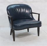 Lot 338:  DUNBAR Lounge Chair. Blue Leather Seat & Back. Dark wood frame. Not marked. : Dimensions:  H: 29.5 inches: W: 27.5 inches: D: 27 inches --- 
