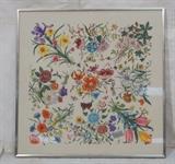Lot 341:  Framed Gucci Print on Fabric. Possibly a Scarf.  Floral Print.: Dimensions:  H: 33.25 inches: W: 33.25 inches --- 