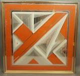 Lot 345:  SH. GOBAY Silkscreened Mirror Op Art. Orange & White silkscreened geometric images. Chrome Frame. Signed. : Dimensions:  H: 30 inches: W: 30 inches --- 