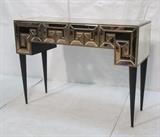 Lot 346:  Contemporary Designer Mirrored Hall Console Table. Ebonized legs. Greek key designed mirrored skirt. : Dimensions:  H: 36 inches: W: 49.5 inches: D: 18 inches --- 