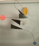 Lot 352:  Hanging Calderesque Mobile. Colored nylon paddles. Marked J HOTCHKISS 1998.: Dimensions:  H: 35 inches: W: 27 inches --- 