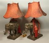 Lot 353:  Pr Bronze MAITLAND SMITH Elephant Table Lamps Burgundy shades and rope tassels. . Marked.: Dimensions:  H: 29 inches: W: 18 inches: D: 7 inches --- 
