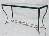 Lot 356:  Mixed Metal Glass Top Hall Console Table. Decorator Modernist. Designer.: Dimensions:  H: 33 inches: W: 66 inches: D: 20 inches --- 
