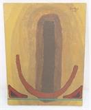 Lot 359:  After Rufino Tamayo Oil Painting. Textured Paint on acrylic panel. Ochre brown & red tones. : Dimensions:  H: 24 inches: W: 18 inches --- 
