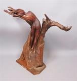 Lot 360:  LARRY PAINTER Carved Wood Figural Sculpture. "Prairie in the Wind" Brass plaque. : Dimensions:  H: 21 inches: W: 24 inches: D: 9 inches --- 