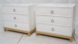 Lot 362:  Pr White Painted Bachelor Chests. Three Drawer Cabinet on Light wood base. Decorative Drawer fronts with fancy chrome pulls. : Dimensions:  H: 30 inches: W: 33 inches: D: 19.5 inches --- 