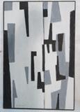 Lot 372:  Large TEICHMAN de Stijl style Oil Painting. Black & gray on white.  Crisp edges. Signed M Teichman. Dated 70. : Dimensions:  Image Size: H: 48 inches: W: 32 inches --- 