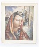 Lot 375:  Oil Painting Portrait of Woman. RAPHAEL BOGISLa?? Woman with red shawl covering head. Signed.: Dimensions:  Image Size: H: 23.5 inches: W: 19.25 inches --- 