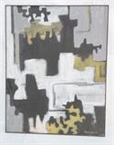 Lot 376:  Large TEICHMAN Modernist Oil Painting. Black & gray on white puzzle pieces. Signed M Teichman. Dated 71. : Dimensions:  Image Size: H: 46 inches: W: 36 inches --- 