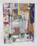 Lot 377:  D R SMITH 1996 Mixed Media Oil Painting. Colorful canvas with Rope and denim elements attached with fabric pieces. Signed & dated 96. : Dimensions:  H: 30 inches: W: 24 inches --- 