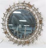Lot 378:  Brutalist Nail Head Mixed Metal Round Wall Mirror. Few copper welded elements. : Dimensions:  H: 28 inches: W: 28 inches --- 