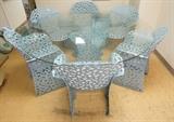 Lot 382:  7pc Outdoor Patio Set. RICHARD SCHULTZ. Six pierced Arm Chairs. Pedestal Table Base with 72" Round Glass Top. Gray paint finish: Dimensions:  H: 28.5 inches: W: 72 inches: D: 72 inches --- 