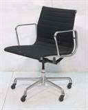 Lot 386:  CHARLES EAMES style Aluminum Group Office Chair. Black Fabric. Rolling desk chair on casters. Not marked: Dimensions:  H: 34 inches: W: 23 inches: D: 22 inches --- 