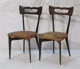 Lot 390:  Pr ICO PARISI style Italian Dining Chairs. Open Modernist back rests. Dark wood. Striped fabric seats. Not marked.: Dimensions:  H: 34 inches: W: 17 inches: D: 17 inches --- 