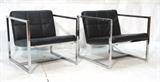Lot 398:  Pr Square Chrome Frame Leather Lounge Chairs. Square Cube Form. Black Leather. : Dimensions:  H: 26 inches: W: 25.25 inches: D: 28.25 inches --- 