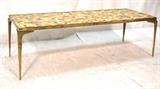 Lot 399:  Tile Top Modernist Cocktail Coffee Table. Brass metal legs.  Label: G FOX & Co. : Dimensions:  H: 15.25 inches: W: 48 inches: D: 18 inches --- 