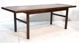Lot 400:  Banded Modernist Wood Coffee Table. Square wood legs: Dimensions:  H: 20.25 inches: W: 58 inches: D: 22 inches --- 