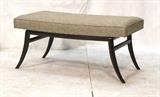 Lot 403:  ROBSJOHN GIBBINGS Dark Wood Bench. Fabric Seat. Flared saber legs. : Dimensions:  H: 16 inches: W: 34.5 inches: D: 17.5 inches --- 