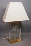 Lot 408:  Etched Floral Glass FREDRICK RAMOND Table Lamp. Brass Base. Marked on socket: Dimensions:  H: 29 inches --- 