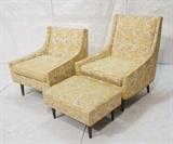 Lot 451:  Pr Modernist Lounge Chairs & Ottoman. Pappa & Momma Chairs. Tapered wood legs. Floral Fabric. : Dimensions:  H: 35 inches: W: 27 inches: D: 29 inches --- 