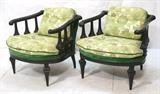 Lot 456:  Pr Black Carved Wood Decorator Lounge Chairs. Green & cream floral fabric. Designer black frames. : Dimensions:  H: 25.5 inches: W: 28 inches: D: 23 inches --- 