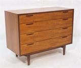 Lot 422:  Kofod Larsen Dresser Vanity.  Danish Modern Teak 4 Drawer Dresser. Top drawer has flip up vanity with mirror. Inset wood handles. Tapered peg legs. : Dimensions:  H: 30.5 inches: W: 39.25 inches: D: 17.75 inches --- 