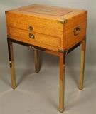 Lot 431:  Antique Oak & Brass Box on Legs. Flip up top and lower drawer. Monogrammed. : Dimensions:  H: 25.5 inches: W: 18.75 inches: D: 13 inches --- 