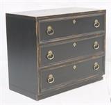Lot 433:  Three Drawer Ebonized Chest HERITAGE. Deliberate edge wear & distressing. Antiqued metal pulls. Marked: Dimensions:  H: 30.25 inches: W: 36 inches: D: 18.5 inches --- 