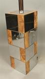 Lot 436:  Chrome & Burl Wood Cityscape style Table Lamp. Square column form. : Dimensions:  H: 24 inches: W: 6 inches: D: 6 inches --- 
