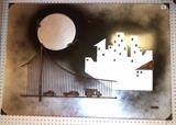 Lot 446:  KOVACS Metal 3D Wall Sculpture. Bridge Scape with Moon. Signed & dated 1975. : Dimensions:  H: 32 inches: W: 46 inches --- 
