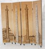 Lot 458:  PIERO FORNASETTI Milano Italy Four Panel Screen Room Divider. Obelisks & Roman Columns. Contemporary Paper label. : Dimensions:  H: 53.5 inches: W: 58 inches --- 