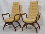 Lot 463:  Pr Burl Wood Designer Tall Tapered Back Chairs. Bowed seats. Light gold fabric. : Dimensions:  H: 46 inches: W: 26.5 inches: D: 24 inches --- 