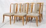 Lot 466:  Set 6 Paul Frankl style Dining chairs. Light wood frames with striped upholstery. Upholstered center back splat with wide open backs. Wide seats and backs. : Dimensions:  H: 39 inches: W: 21 inches: D: 20 inches --- 