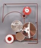 Lot 473:  Signed SEYMOUR HOLTMAN 88 Painted & Stainless Wall Sculpture. Round mirror element. Signed. : Dimensions:  H: 21 inches: W: 19 inches: D: 4.5 inches --- 