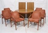 Lot 477:  Dining Set. Table. Set 6 KAI CHRISTIANSEN Arm Dining Chairs. Danish Teak Modern. Six chairs have open arm form. Two 19.5" leaves. Chairs marked Denmark; KS. : Dimensions:  H: 28 inches: W: 46 inches: D: 46 inches --- 