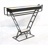 Lot 479:  Iron Tile Top Modernist Hall Console Table. Colorful pastel glazed tiles. : Dimensions:  H: 27 inches: W: 35.5 inches: D: 6 inches --- 