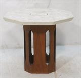 Lot 481:  HARVEY PROBBER style Terrazzo Top Side Table. Octagonal Terrazzo Top with larger inset marble details. Walnut base with cutout corners. Not marked. : Dimensions:  H: 20.5 inches: W: 24 inches: D: 24 inches --- 