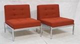 Lot 486:  Pr MILO BAUGHMAN syle Lounge Chairs. Tufted red fabric. Clean square chrome tube frames. : Dimensions:  H: 27 inches: W: 26 inches: D: 27 inches --- 