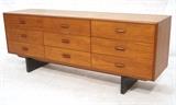 Lot 501:  Danish Modern Teak 9 Drawer Credenza. Raised on Black Legs. Not marked: Dimensions:  H: 28 inches: W: 72 inches: D: 18 inches --- 