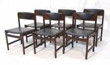 Lot 502:  Set 6 Danish Modern Teak Dining Chairs. O.D. MOBLER A-S. Black vinyl seats & demi lune back rests. Marked. : Dimensions:  H: 30 inches: W: 19.5 inches: D: 17 inches --- 