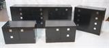 Lot 521:  4pc Black Ebonized DIRECTIONAL Bedroom Set. Pair Night Stands. Chest & Triple Dresser. Inset Square Chrome Hardware. Marked: Dimensions:  H: 32.75 inches: W: 83 inches: D: 18 inches --- 